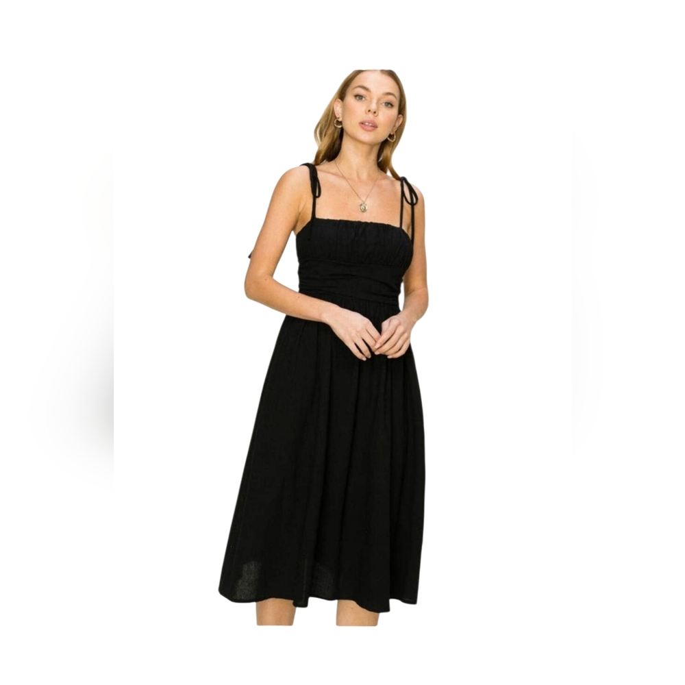 HYFVE Get A Clue Tie Strap Midi Dress Black Shirred Top Womens Large